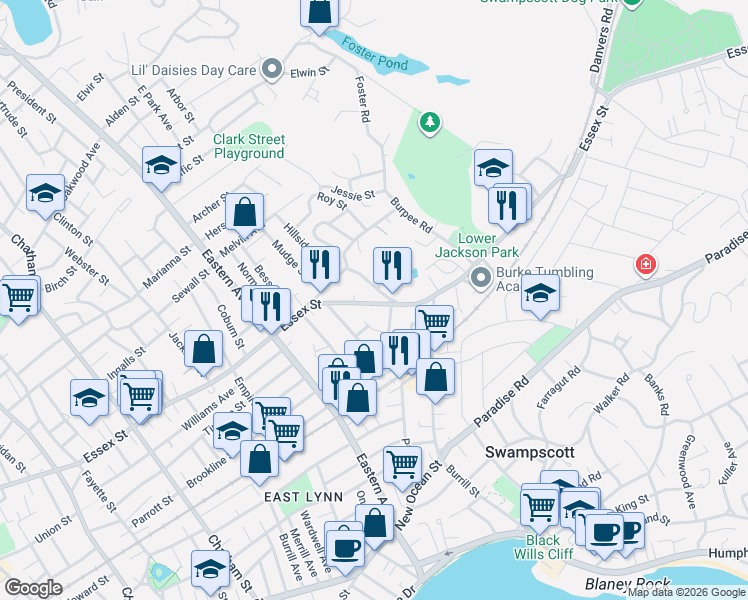 map of restaurants, bars, coffee shops, grocery stores, and more near 45 Essex Street in Swampscott