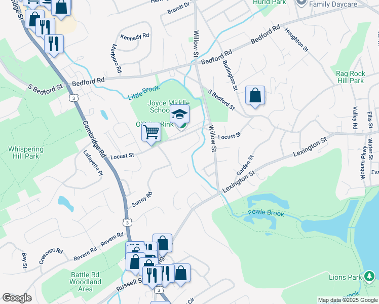 map of restaurants, bars, coffee shops, grocery stores, and more near 10 Kennedy Park in Woburn
