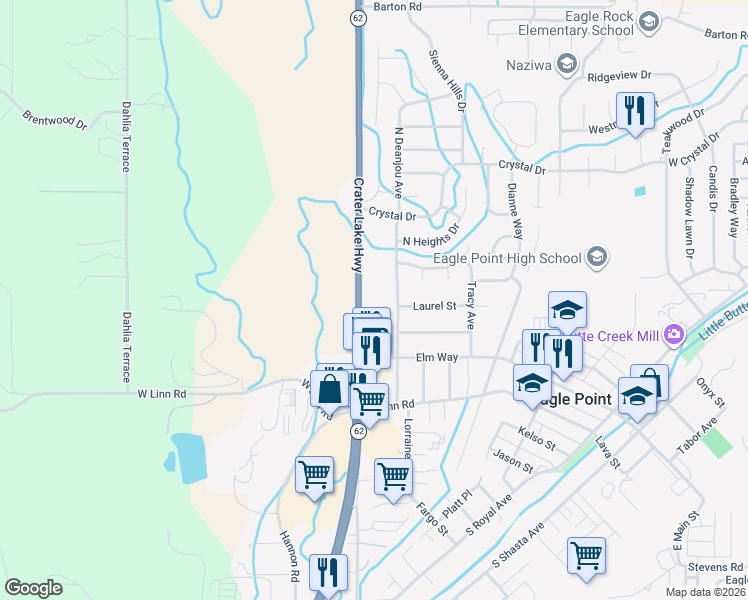 map of restaurants, bars, coffee shops, grocery stores, and more near 11436 Oregon 62 in Eagle Point
