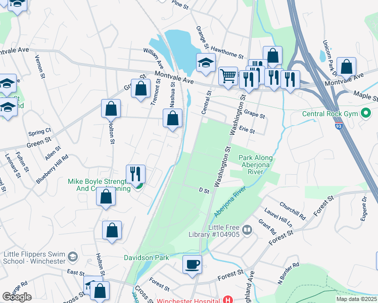 map of restaurants, bars, coffee shops, grocery stores, and more near 101 Central Street in Woburn