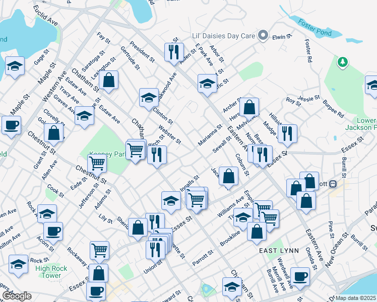 map of restaurants, bars, coffee shops, grocery stores, and more near 121 Marianna Street in Lynn