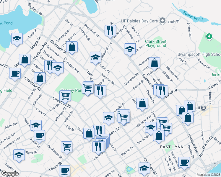 map of restaurants, bars, coffee shops, grocery stores, and more near 16 Fiske Avenue in Lynn