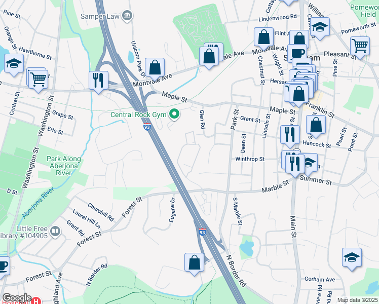 map of restaurants, bars, coffee shops, grocery stores, and more near 107 Hill Street in Stoneham