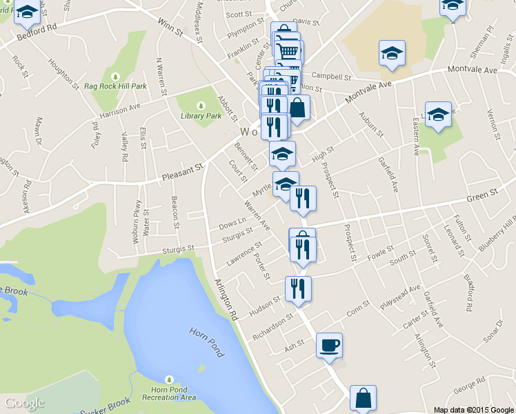 map of restaurants, bars, coffee shops, grocery stores, and more near 23 Summer Street in Woburn