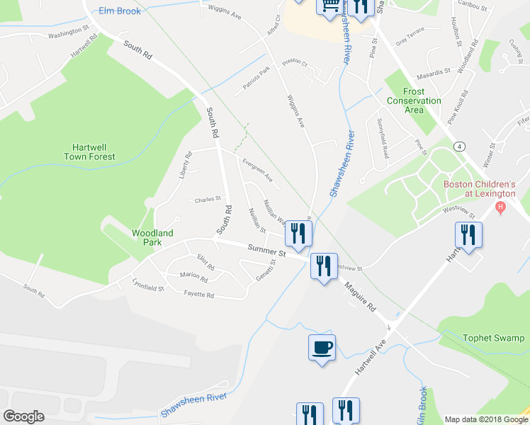 map of restaurants, bars, coffee shops, grocery stores, and more near 46 Neillian Street in Bedford