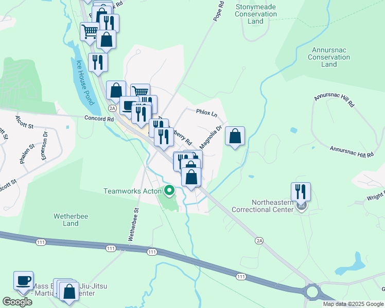 map of restaurants, bars, coffee shops, grocery stores, and more near 3 Iris Court in Acton