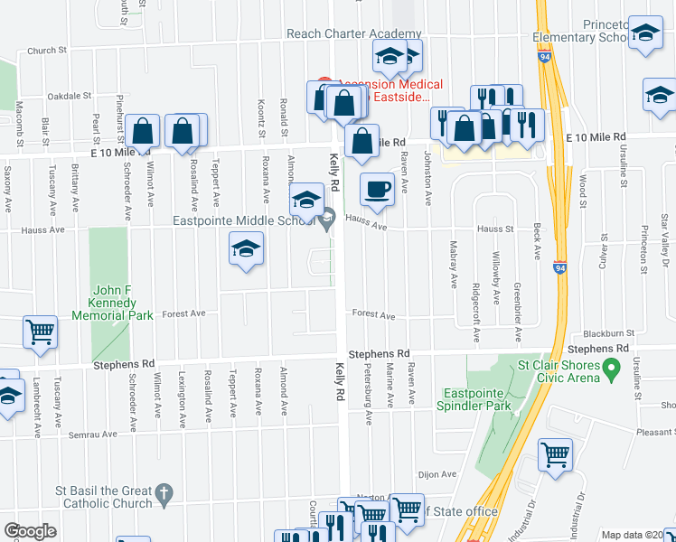 map of restaurants, bars, coffee shops, grocery stores, and more near 18585 Forest Avenue in Eastpointe