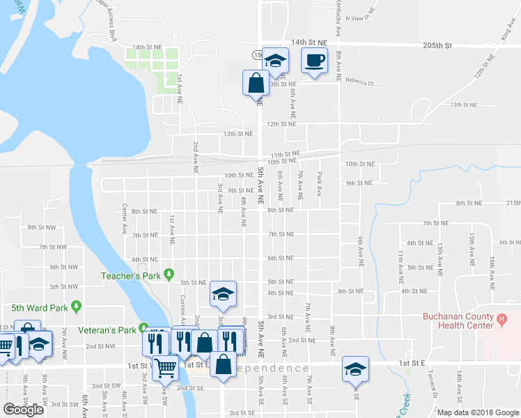 map of restaurants, bars, coffee shops, grocery stores, and more near 801 5th Avenue Northeast in Independence