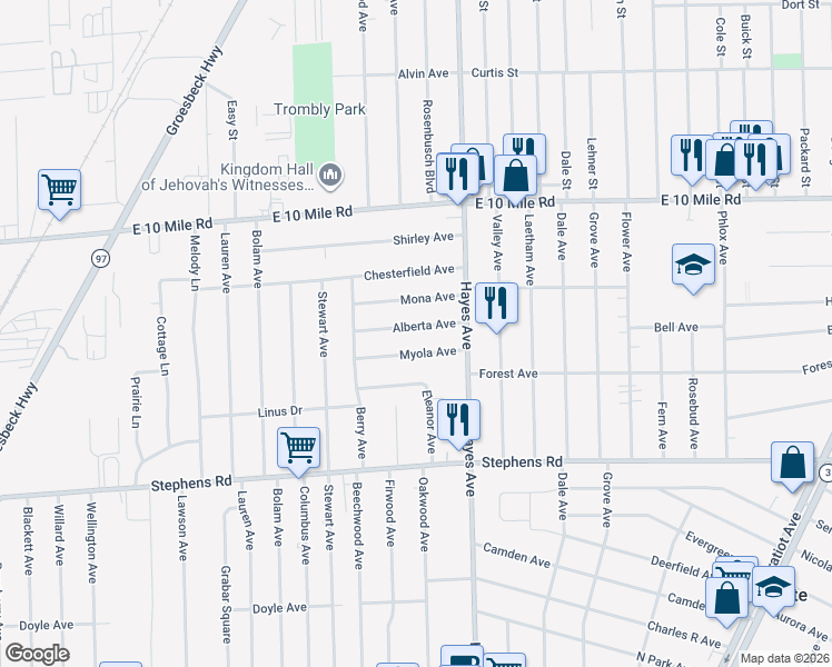 map of restaurants, bars, coffee shops, grocery stores, and more near 14865 Myola Avenue in Warren