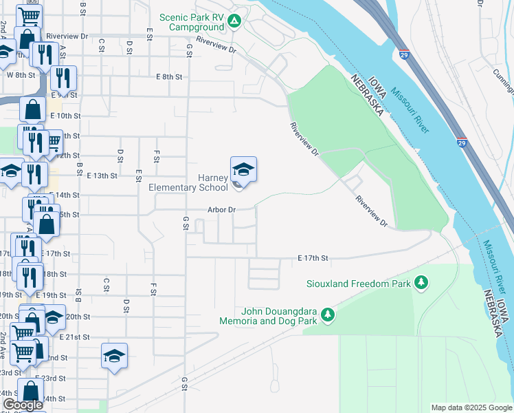 map of restaurants, bars, coffee shops, grocery stores, and more near 1001 Arbor Drive in South Sioux City