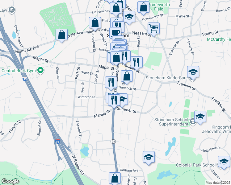 map of restaurants, bars, coffee shops, grocery stores, and more near 474 Main St in Stoneham