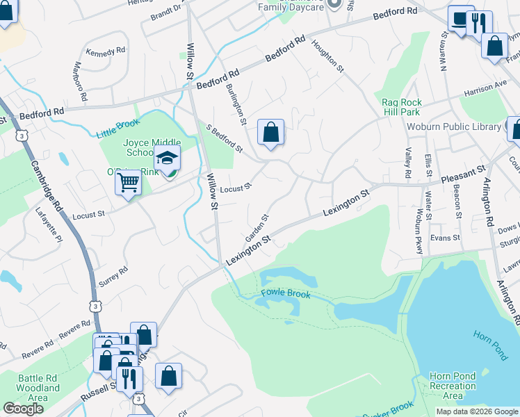 map of restaurants, bars, coffee shops, grocery stores, and more near 3 Garden Heights Avenue in Woburn