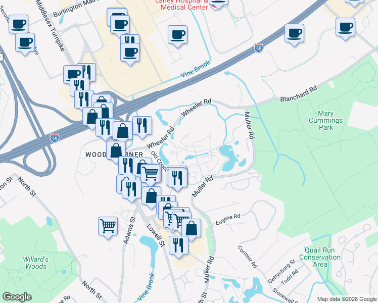 map of restaurants, bars, coffee shops, grocery stores, and more near 7 Springs Lane in Burlington