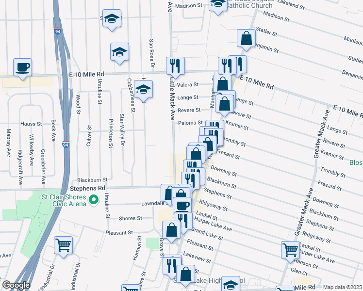 map of restaurants, bars, coffee shops, grocery stores, and more near 24498 Little Mack Avenue in St. Clair Shores