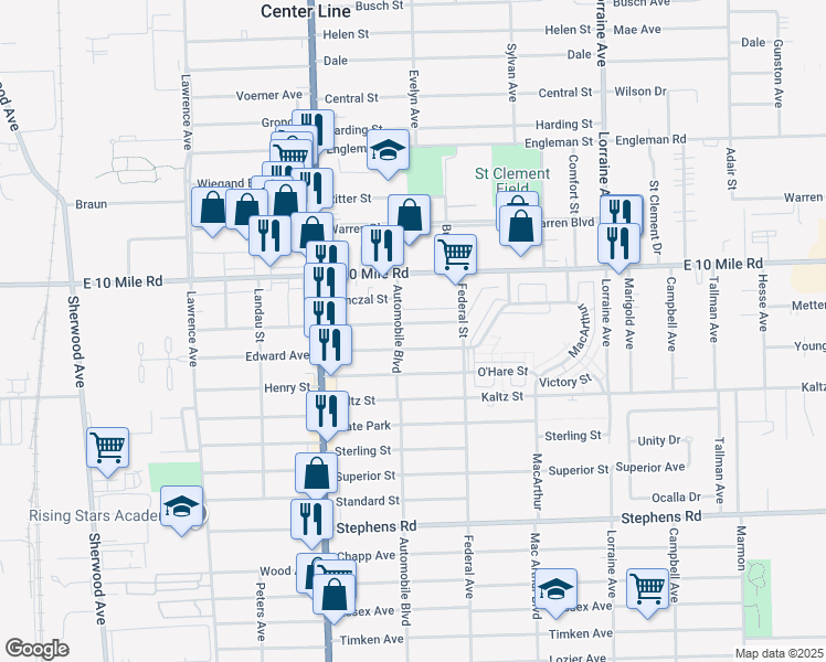 map of restaurants, bars, coffee shops, grocery stores, and more near 8222 Coolidge Avenue in Center Line