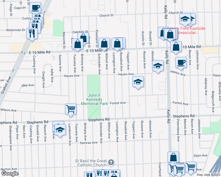 map of restaurants, bars, coffee shops, grocery stores, and more near 24583 Lexington Avenue in Eastpointe