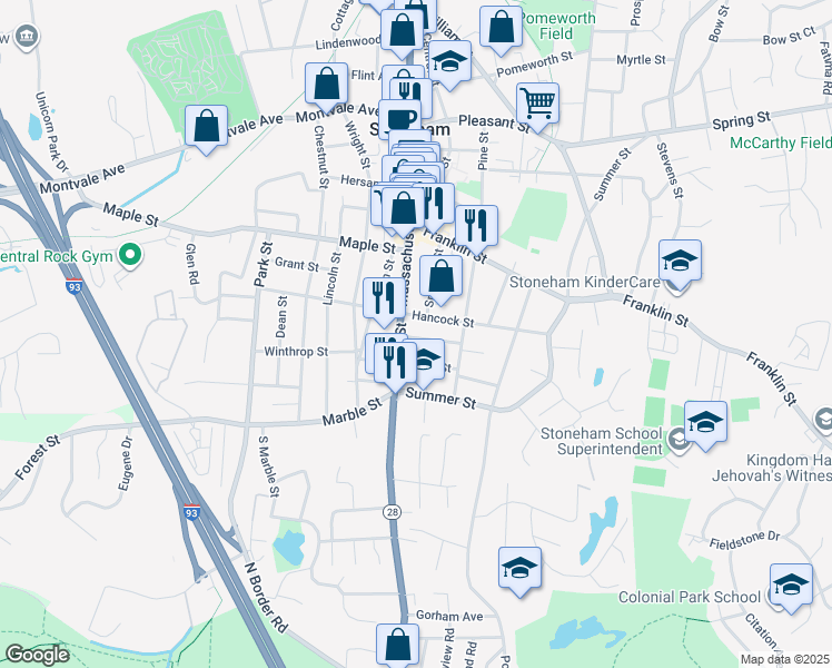 map of restaurants, bars, coffee shops, grocery stores, and more near 2 Middle Street in Stoneham