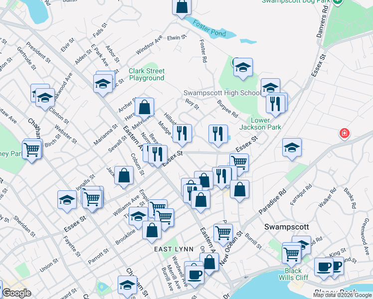 map of restaurants, bars, coffee shops, grocery stores, and more near 15 Essex Street in Swampscott