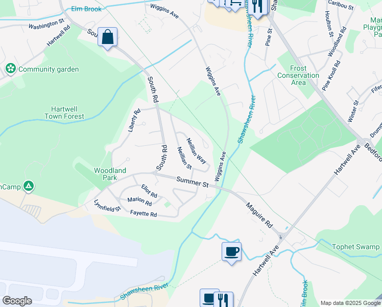 map of restaurants, bars, coffee shops, grocery stores, and more near 27 Neillian Way in Bedford