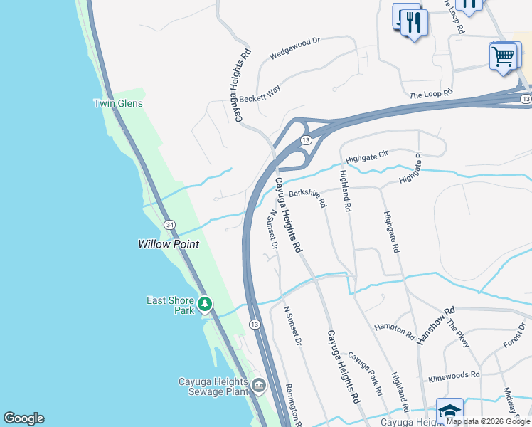 map of restaurants, bars, coffee shops, grocery stores, and more near 336 North Sunset Drive in Ithaca