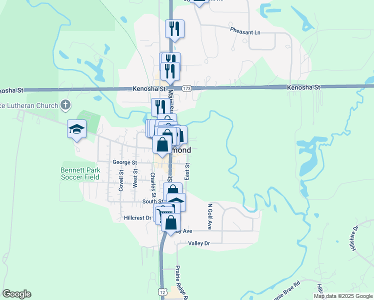 map of restaurants, bars, coffee shops, grocery stores, and more near 3671 Broadway Road in Richmond