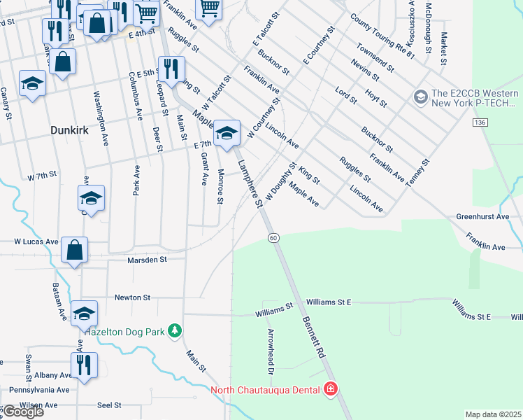 map of restaurants, bars, coffee shops, grocery stores, and more near 742 Lamphere Street in Dunkirk