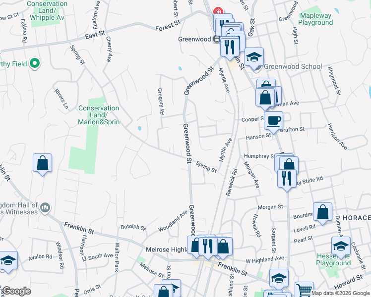 map of restaurants, bars, coffee shops, grocery stores, and more near 45 Spring Street in Wakefield