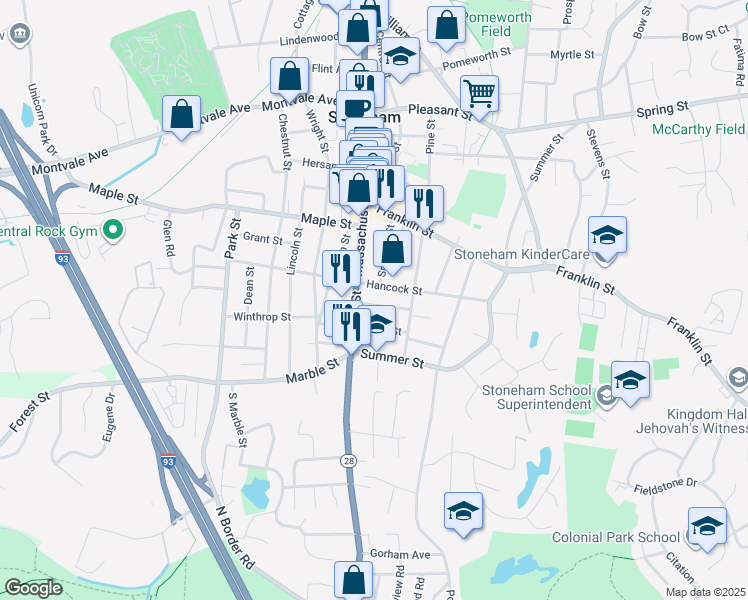 map of restaurants, bars, coffee shops, grocery stores, and more near 3 Middle Street in Stoneham