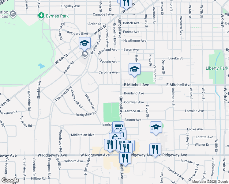 map of restaurants, bars, coffee shops, grocery stores, and more near 304-306 Julie Court in Waterloo