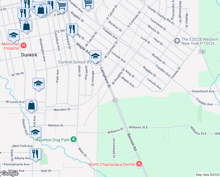 map of restaurants, bars, coffee shops, grocery stores, and more near 742 Lamphere Street in Dunkirk