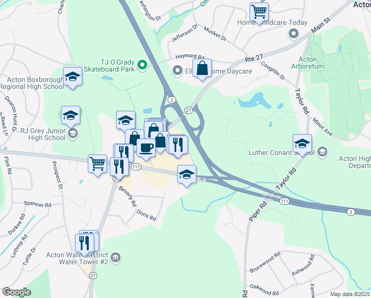 map of restaurants, bars, coffee shops, grocery stores, and more near 1 Town House Lane in Acton