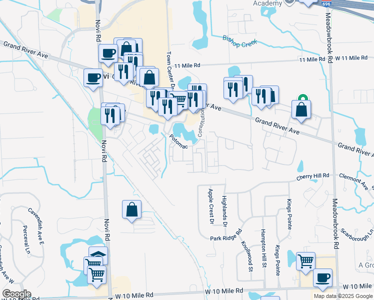 map of restaurants, bars, coffee shops, grocery stores, and more near 25300 Constitution in Novi