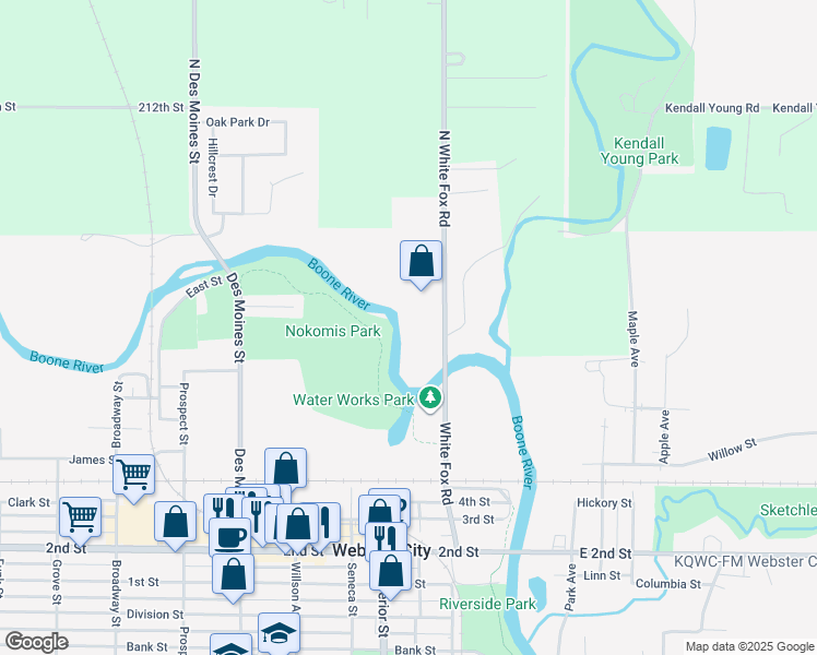 map of restaurants, bars, coffee shops, grocery stores, and more near 121 North White Fox Road in Webster City