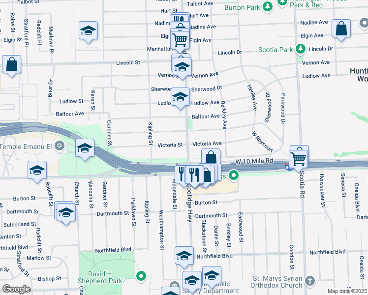map of restaurants, bars, coffee shops, grocery stores, and more near 13368 Wales Avenue in Huntington Woods