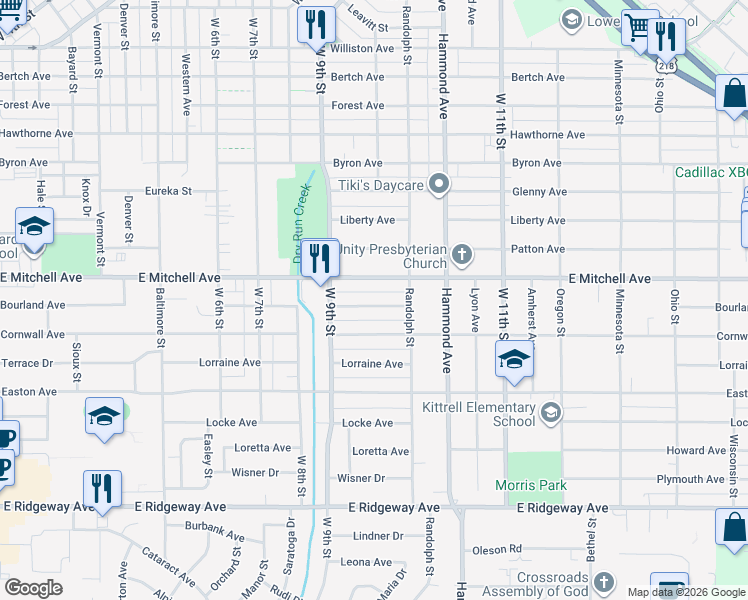 map of restaurants, bars, coffee shops, grocery stores, and more near 1160 Bourland Avenue in Waterloo