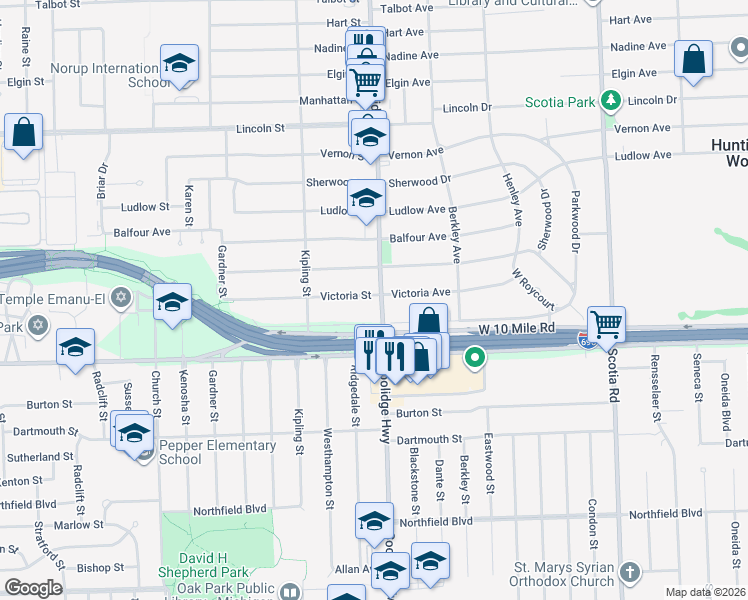 map of restaurants, bars, coffee shops, grocery stores, and more near 13368 Wales Avenue in Huntington Woods