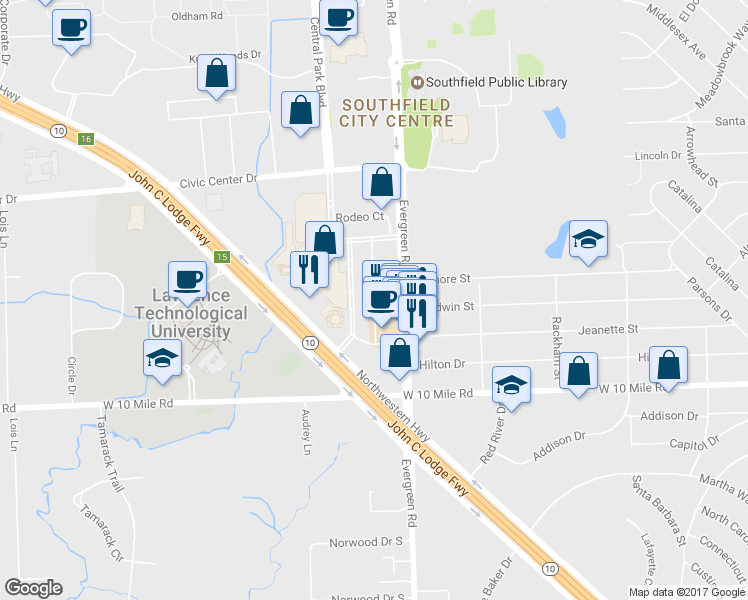 map of restaurants, bars, coffee shops, grocery stores, and more near 25599 Saint James in Southfield