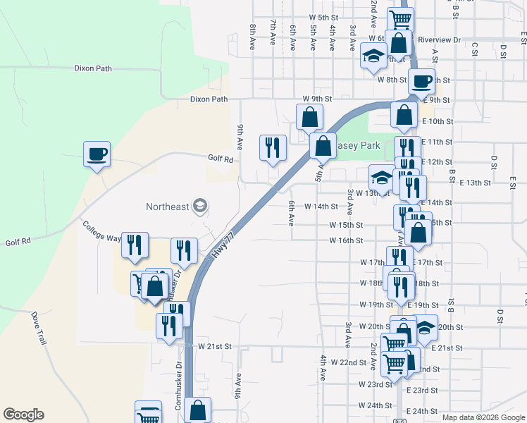 map of restaurants, bars, coffee shops, grocery stores, and more near U.S. 77 in South Sioux City