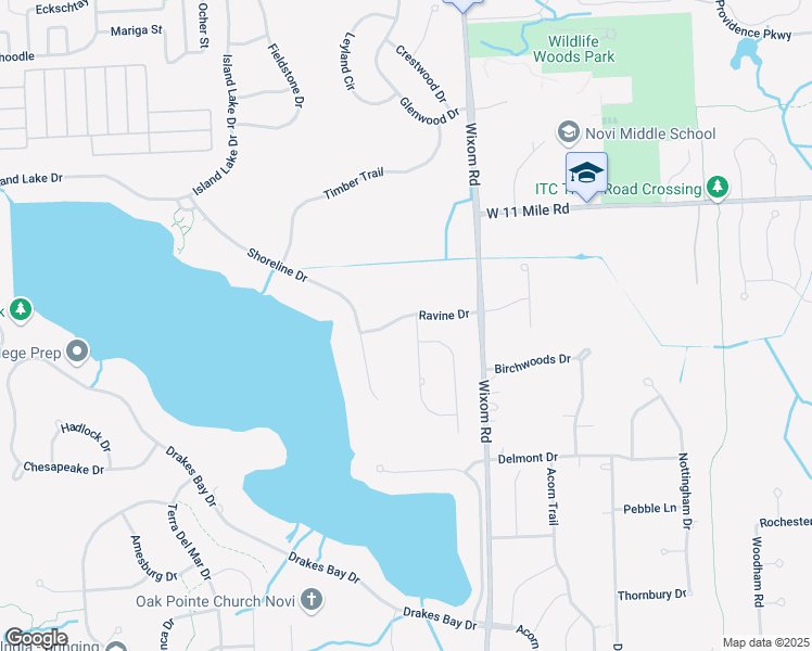 map of restaurants, bars, coffee shops, grocery stores, and more near 25627 Hillsdale Drive in Novi