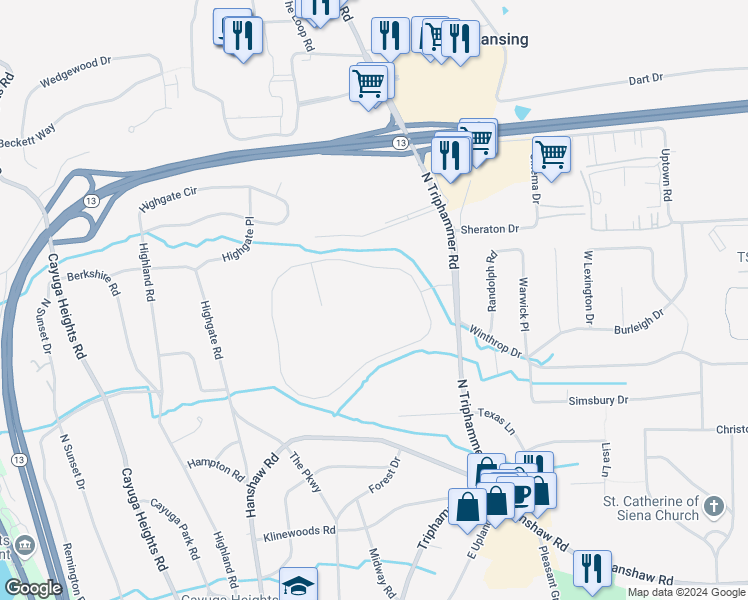 map of restaurants, bars, coffee shops, grocery stores, and more near 402 Savage Farm Drive in Ithaca