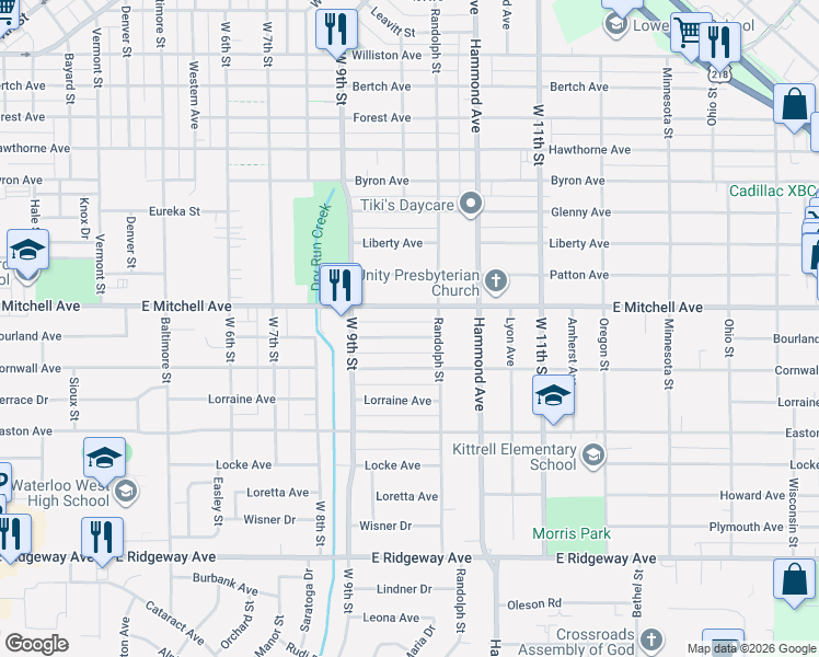 map of restaurants, bars, coffee shops, grocery stores, and more near 1160 Bourland Avenue in Waterloo