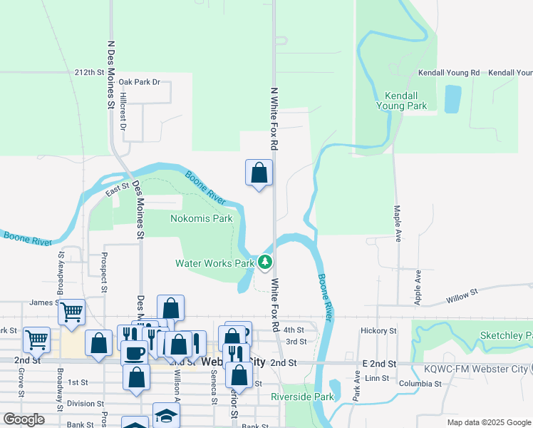 map of restaurants, bars, coffee shops, grocery stores, and more near 121 North White Fox Road in Webster City