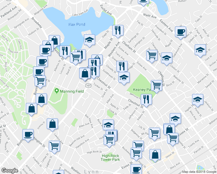 map of restaurants, bars, coffee shops, grocery stores, and more near 0 Grant Street in Lynn