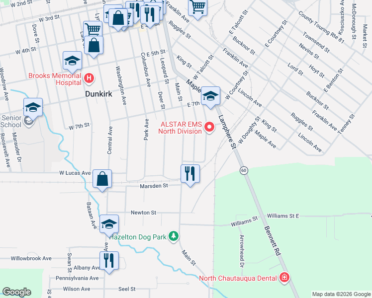 map of restaurants, bars, coffee shops, grocery stores, and more near 754 Main Street in Dunkirk