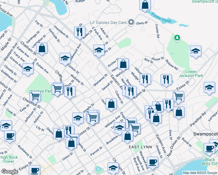 map of restaurants, bars, coffee shops, grocery stores, and more near 128 Empire Street in Lynn