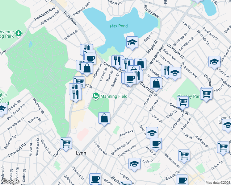map of restaurants, bars, coffee shops, grocery stores, and more near 320 Maple Street in Lynn