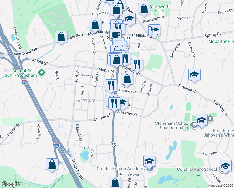 map of restaurants, bars, coffee shops, grocery stores, and more near 3 Middle Street in Stoneham