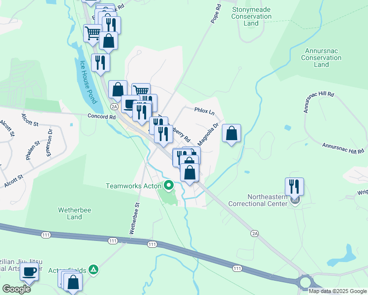map of restaurants, bars, coffee shops, grocery stores, and more near 3 Iris Court in Acton