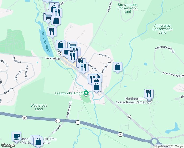 map of restaurants, bars, coffee shops, grocery stores, and more near 3 Iris Court in Acton
