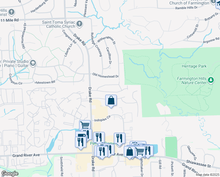 map of restaurants, bars, coffee shops, grocery stores, and more near 35155 Hillside Drive in Farmington Hills